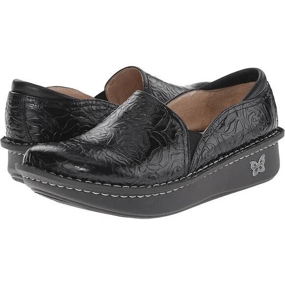 Alegria Debra Clog Professional Women EU 38 Black Leather Embossed Rose Shoes - Picture 1 of 7
